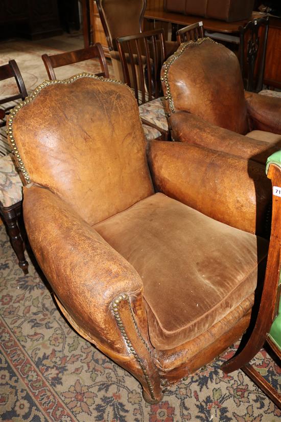 Pr. French leather club armchairs